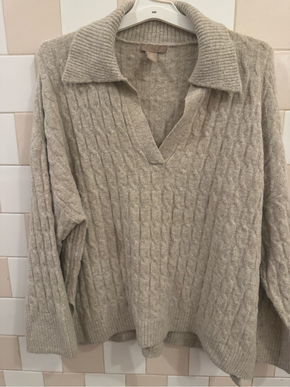 H&M Cable Knit V-Neck Polo Sweater - Taupe